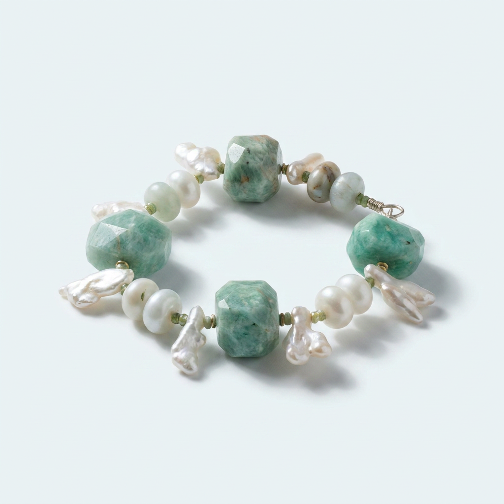 AURA ORIENT Jade Mist - Celadon Amazonite And Baroque Pearl Bracelet